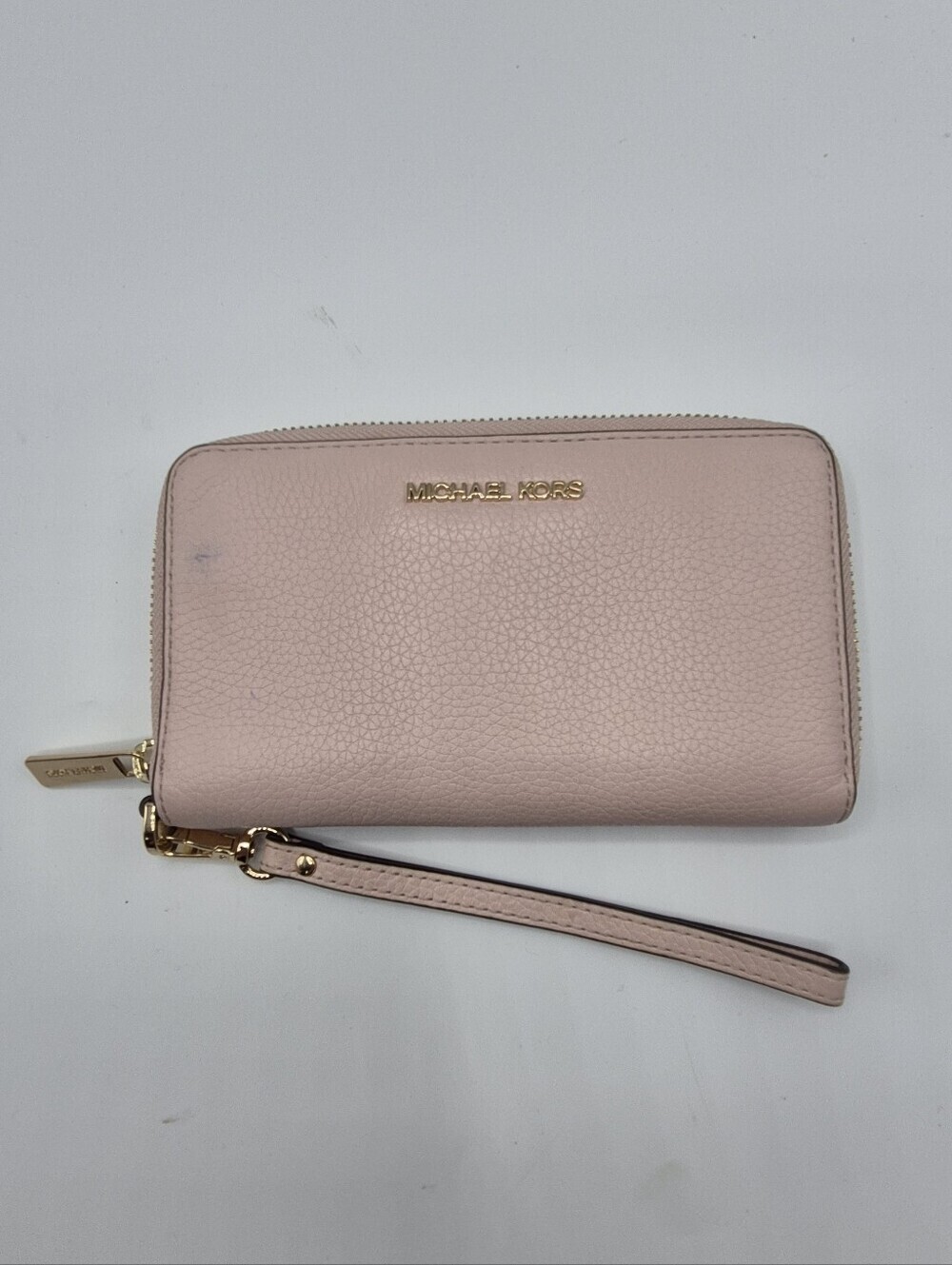 Michael Kors Pale Pink Pebbled Leather Wristlet Zip Wallet with Gold Hardware